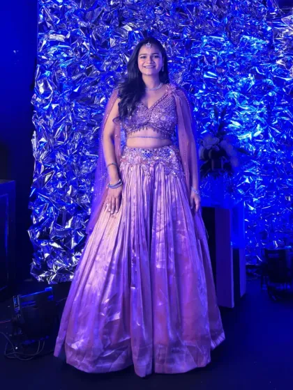 A full-length view of my dazzling lehenga for the Sangeet night, ready to shine under the stage lights.