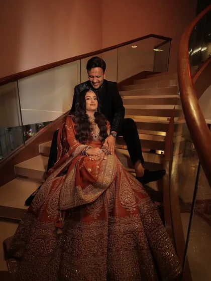 A beautiful portrait of the happy couple. The bride's minimal yet magical makeup look is perfect for her reception, allowing her natural happiness to shine.