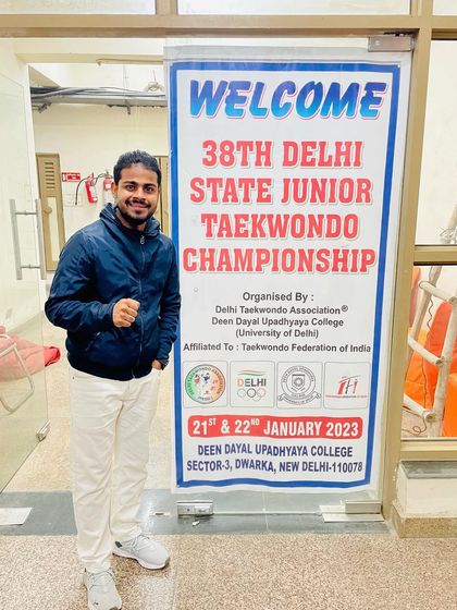 At the 38th Delhi State Junior Taekwondo Championship. Ready to coach my students to victory.