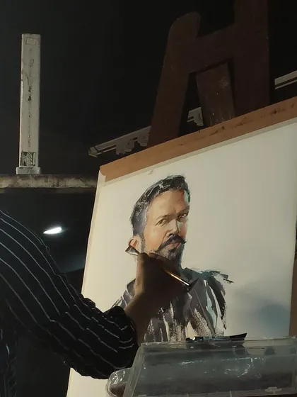 A close-up of my brushwork during the self-portrait demonstration.