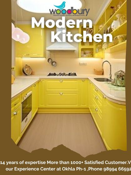 A sunny yellow kitchen can brighten up any home. This U-shaped design concept shows how a bold color can create a warm and welcoming cooking space.