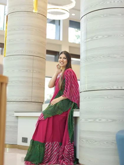 Dressed in a beautiful bandhani saree for a traditional Mayra ceremony. I always dress to honor the culture and theme of the event.