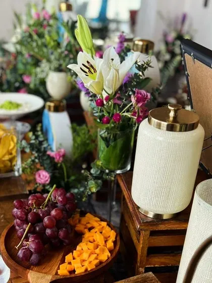 A beautiful shot of a grazing table setup, with fresh grapes and cheese, showcasing a life full of flavor and beauty.
