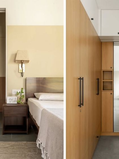 This diptych shows the bedroom's clever storage solutions. A sliding door reveals a walk-in wardrobe, and the passage includes a mirrored door to enhance the sense of space.