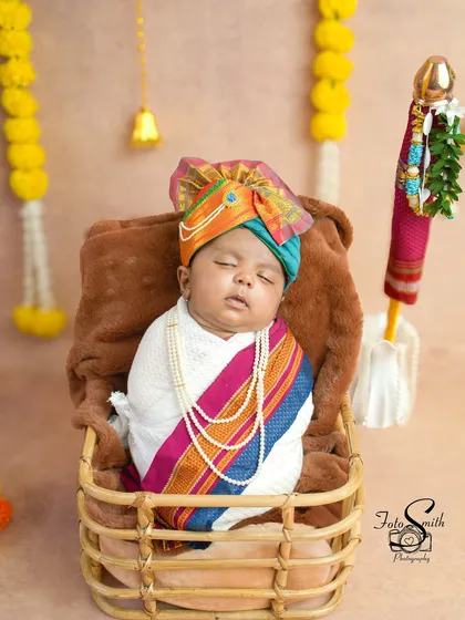Celebrating new beginnings with a Gudi Padwa theme. This little one is dressed in traditional attire, complete with a tiny pheta, marking their first festival in the most adorable way.