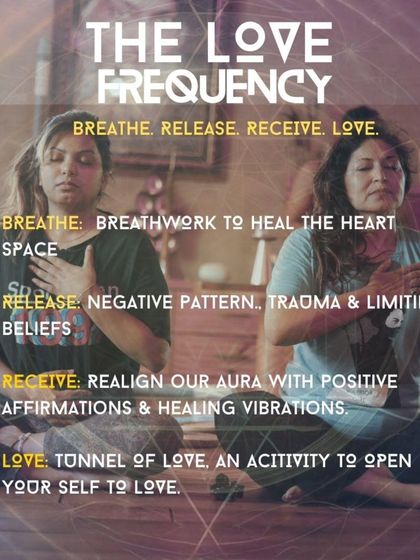 This graphic breaks down the four stages of "The Love Frequency" concert: Breathe, Release, Receive, and Love. Each step uses techniques like breathwork and positive affirmations to open you to love.