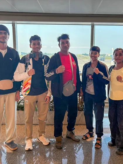Our team of four boxers at the airport, ready to fly to Haryana for the CBSE National Championships. The journey of a champion starts with dedication.