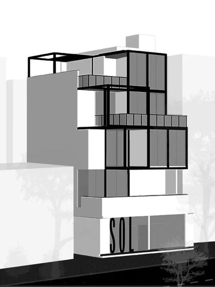 A conceptual rendering of the SOL House, illustrating its core idea. The design features a structural grid that pierces through the building's volume and reaches out to the street, creating a bold and graphic architectural statement.