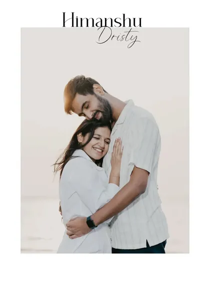 A simple, elegant portrait design focusing on a single, joyful embrace. This highlights the couple's happiness as the central theme.