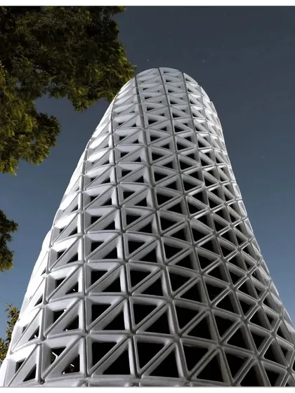 A rendered image showing the VERTO tower at dusk, emphasizing its sculptural quality and the precision of its parametric design.
