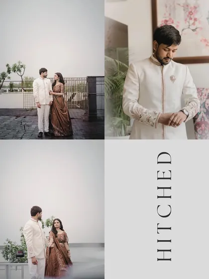 A stylish collage from an engagement shoot at a modern hotel in Agra, announcing that they are "Hitched."