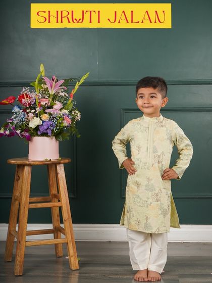 Little man, big style. This little boy looks so dapper in my pale green printed kurta set. It’s a comfortable and stylish option for festive moments and family photos.