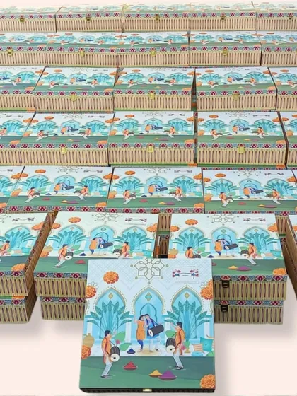 From a single custom hamper to hundreds of bespoke corporate gifts, I handle every order with the same attention to detail. Here’s a look at a bulk order of custom-designed Holi invites I created for a client's celebration.