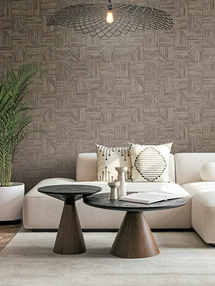 A serene living space featuring a bark-inspired wallpaper from Jannelli & Volpi. The gentle checkerboard pattern, inlaid with subtle metallic accents, brings a touch of nature's elegance and contemporary refinement to the interior.