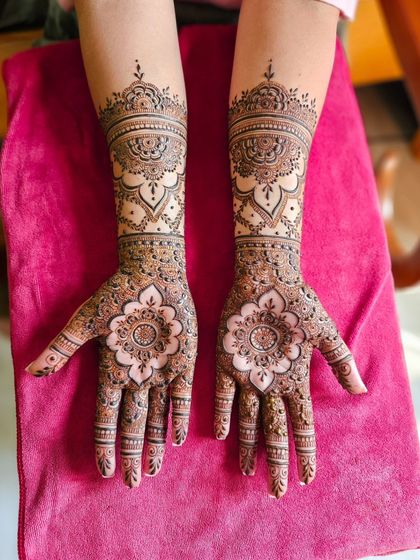 A full view of a design centered around beautiful mandalas on the palms.