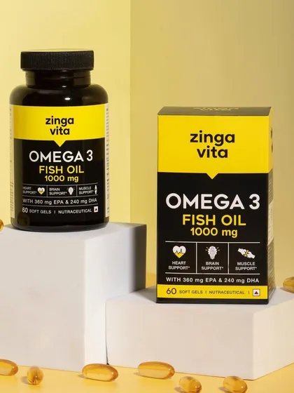 A clean, minimalist shot of Zingavita's Omega 3 Fish Oil supplements. The yellow and white color blocking is energetic and clearly presents the product and its packaging.