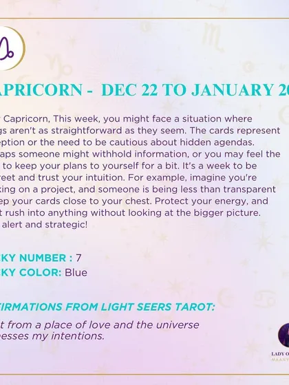 This week's tarot reading for Capricorn. The cards represent a need for discretion and caution, advising you to trust your intuition and be aware of hidden agendas.