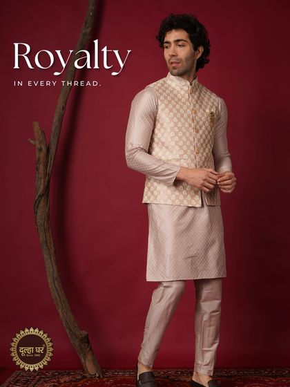 Royalty in every thread. A beige patterned Nehru jacket paired with a matching kurta, offering a subtle and sophisticated look.