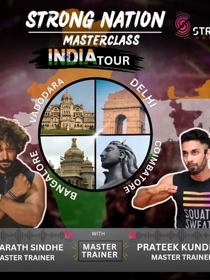 The official poster for the first-ever Strong Nation India Tour. This shows our four-city plan to bring this new face of HIIT to Vadodara, Delhi, Coimbatore, and Bangalore.