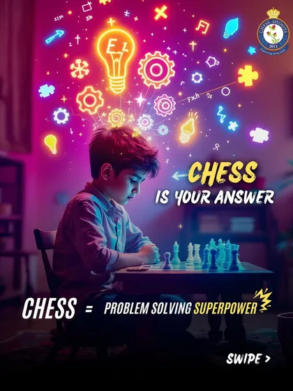 This vibrant graphic illustrates how chess acts as a problem solving superpower, lighting up the mind with new connections and ideas.