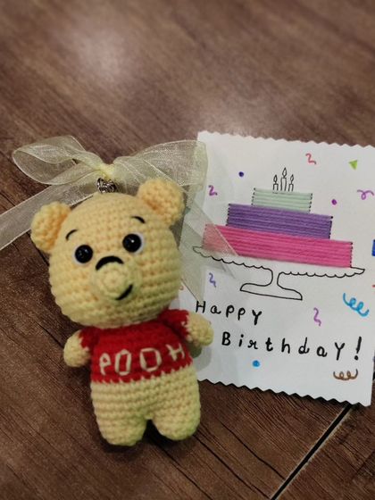 A custom Winnie the Pooh keyring I made to go with a handmade birthday card.