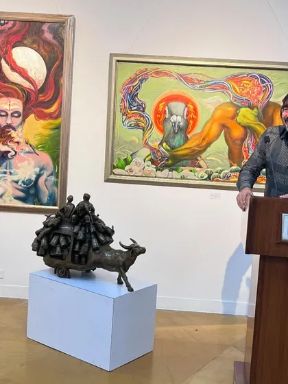 Another shot from my artist talk at the gallery. You can see two of my large spiritual paintings and a bronze sculpture in the background.