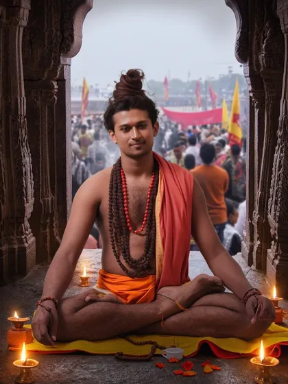 Pictured here in a traditional temple setting, I am in a meditative posture, surrounded by the light of diyas. This represents being a conduit for spiritual energy, sitting between the inner world of contemplation and the outer world of life.