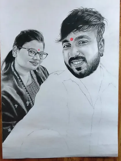 This selfie-style couple portrait was a paid commission. I work from your photos to create a realistic sketch that you can hang on your wall.
