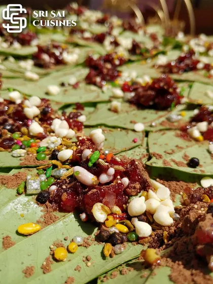 A close-up of our paan preparation. We use a vibrant mix of gulkand, sweet fennel, colorful sprinkles, and other high-quality ingredients to create over 150 different flavors.