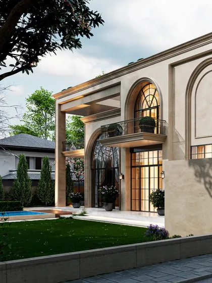 Another view of the upcoming classical residence, highlighting the interplay between the arched openings, the covered terrace, and the lush garden setting.