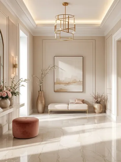 A sunlit foyer with classic wall paneling, a modern chandelier, and pops of pink, creating a space that feels both timeless and fresh.