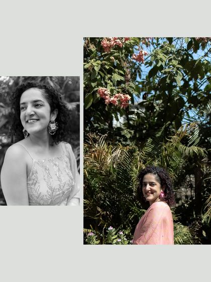 A collage showing the bride's natural beauty during her Haldi ceremony. The mix of color and black and white captures her happy and relaxed mood.