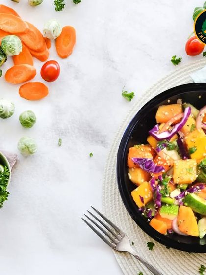Eat right, eat The Fit Monk. A simple philosophy captured by this beautiful flat lay of my Mexican Papaya Salad surrounded by fresh ingredients.