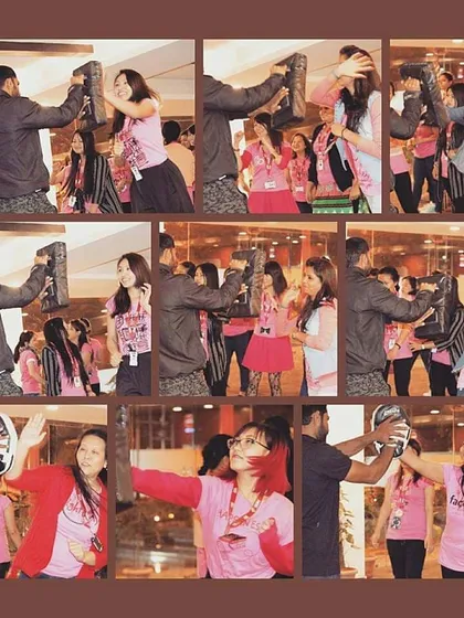 A collage from a self-defence workshop I conducted for XDBS. The participants are learning how to use everyday objects for defence and practicing strikes.