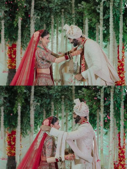 A collage showing the couple helping each other with their wedding attire during the ceremony. These small acts of care and partnership are the moments we love to capture.