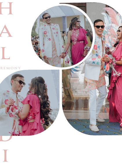 This collage captures the couple's stylish entrance and dance at their Haldi ceremony. It shows their coordinated outfits and the joyful, celebratory atmosphere of the event.