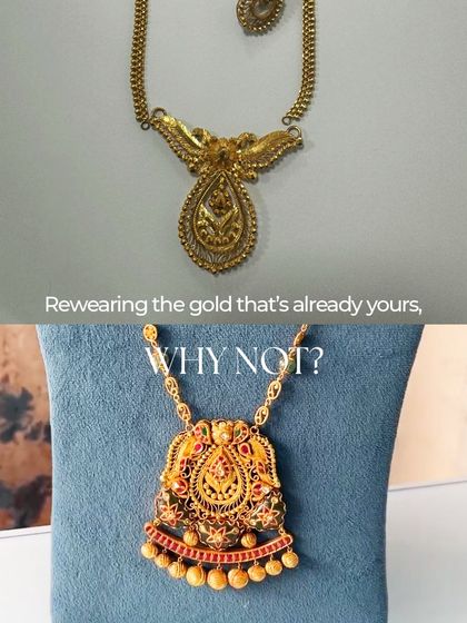 Rewearing the gold that's already yours is the smartest way to own beautiful jewelry. Here, a simple pendant necklace was made grander and more vibrant by adding traditional motifs and colorful stones.