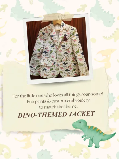 For the little one who loves all things roar-some. This graphic shows a custom dino-themed jacket, featuring fun prints and embroidery to match his favorite theme.