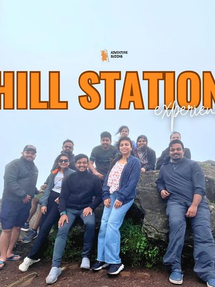 Experience the best of the hill stations with us. This graphic highlights a group enjoying the misty mountains of Chikmagalur.