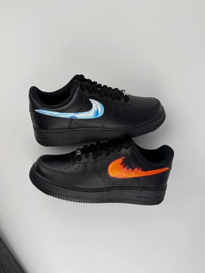 The full pair of "Fire & Water" custom sneakers.