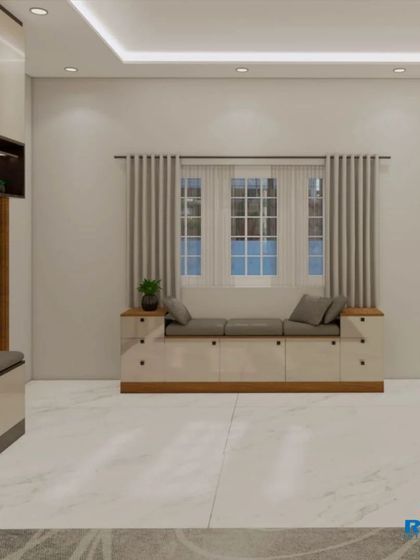 This bedroom features a cozy window seat, perfect for reading or relaxing. The design is clean and minimalist.