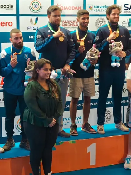Team India celebrating their Gold medal in the Skeet Men Team event. Hosting events where our nation triumphs is the ultimate fulfillment of our mission.