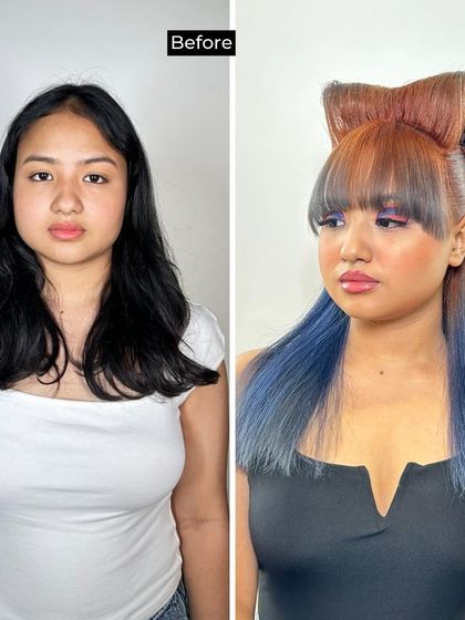 This before-and-after showcases a futuristic hair and makeup look. The student created a sculpted hair bow and used a bold color palette to achieve this 'Metamorphosis' project transformation.