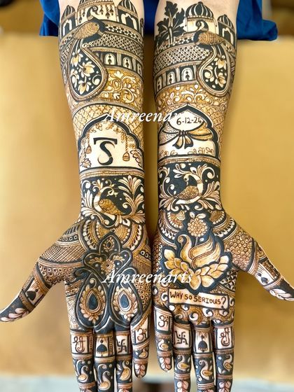 This full-arm design is packed with personal details, including a wedding date, initials, a playful quote, and religious symbols.