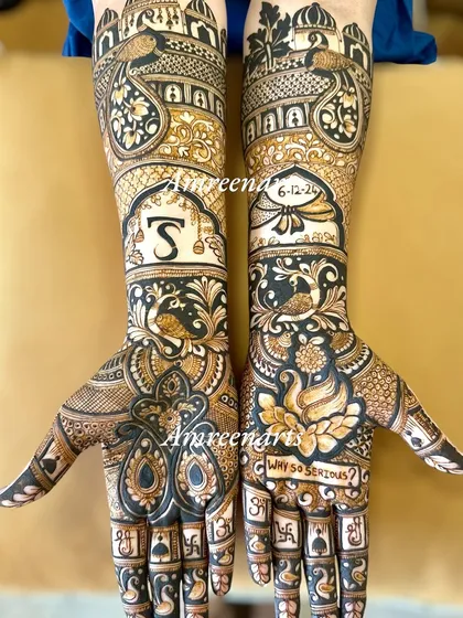 This full-arm design is packed with personal details, including a wedding date, initials, a playful quote, and religious symbols.