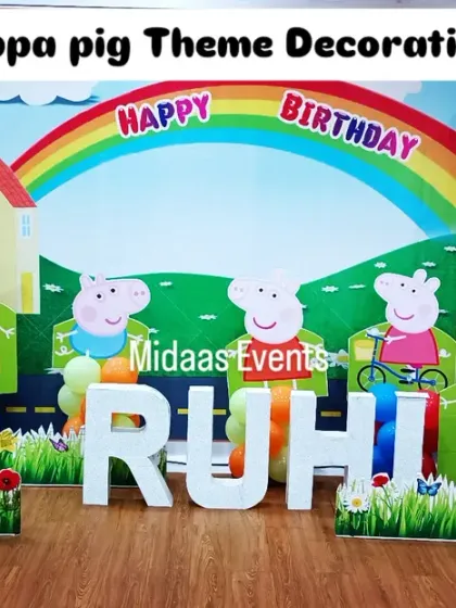 Oink oink! A cheerful Peppa Pig theme for a little one's birthday. I created a full scene with a custom backdrop featuring Peppa's house and a rainbow, character cutouts, and large 3D letters spelling out the birthday girl's name.