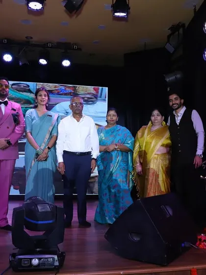 Our core team on stage during the Dhwani Kala Mahotsav, paying tribute to our founder. Our events are a blend of celebration and reverence for our traditions.