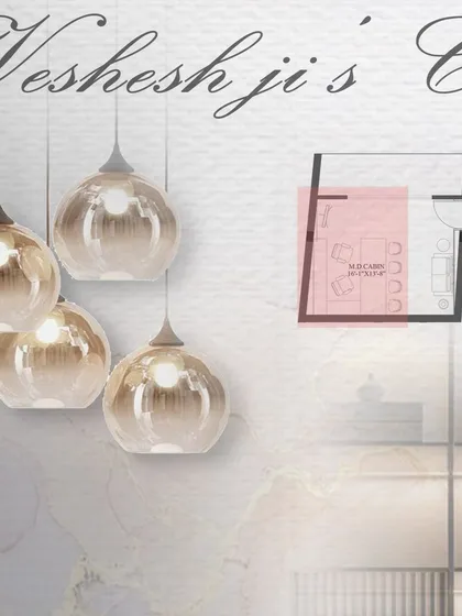 The design process begins with capturing the client's vision. This 'intent' board for an office cabin uses inspirational images of lighting and a floor plan to establish the desired look and feel, ensuring we are aligned from the very first step.