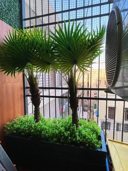 To create a tropical feel and add privacy, we installed these artificial palm trees in a sleek, modern planter. This is a great low-maintenance solution for sunny balconies.