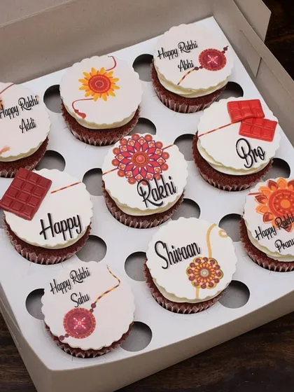 A sweet gift for the sweetest bond. This custom Rakshabandhan cupcake box was designed for a client to celebrate with her siblings, featuring personalized edible toppers with names and intricate rakhi designs.